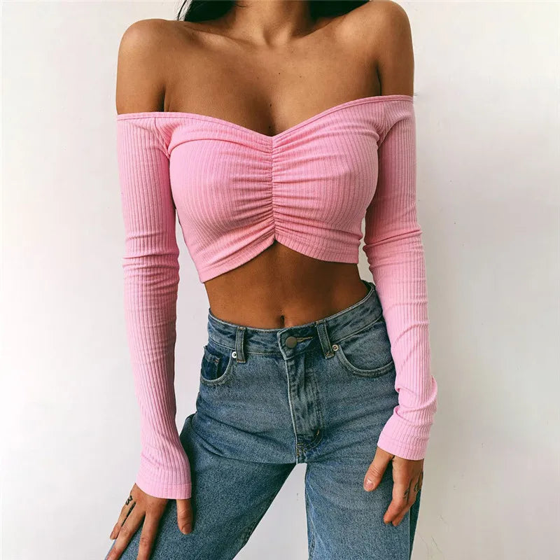 Long Sleeve Off Shoulder Solid Color Crop Top - Divawearfashion