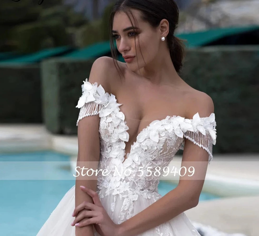 Off The Shoulder Appliques Lace Up Wedding Dress with Cathedral Train - Divawearfashion
