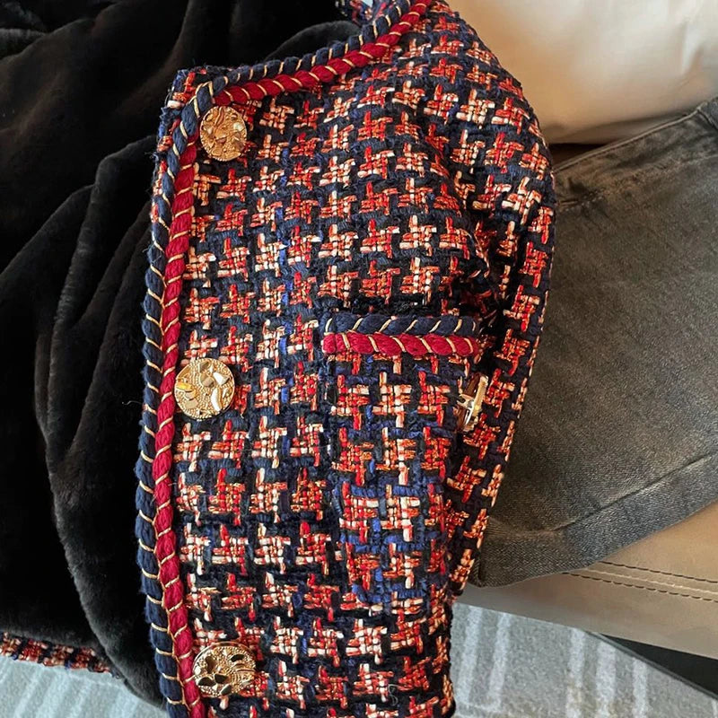 Weave Plaid Tweed Blazer with Pocket - Divawearfashion