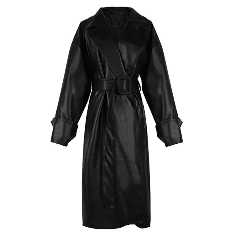Long Oversized Leather Trench Coat with Long Sleeve - Divawearfashion
