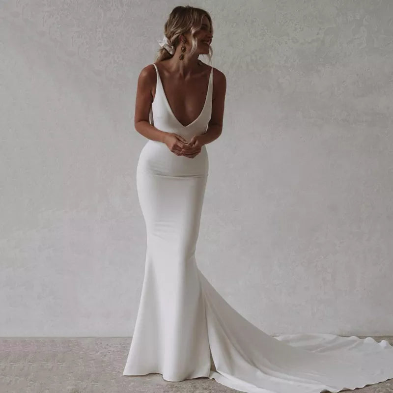 Deep V-Neck Backless Long Boho White Wedding Gowns - Divawearfashion