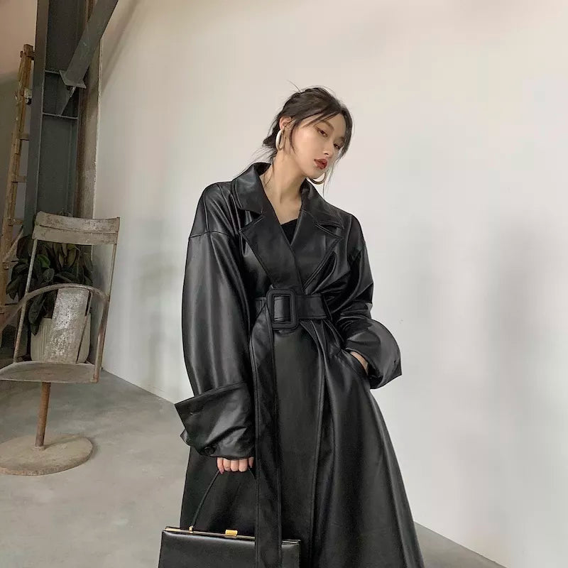 Long Oversized Leather Trench Coat with Long Sleeve - Divawearfashion
