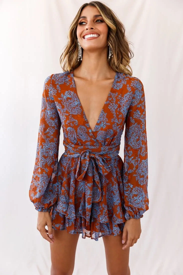 Floral Print V Neck Long Sleeve Ruffles Beach Dress - Divawearfashion