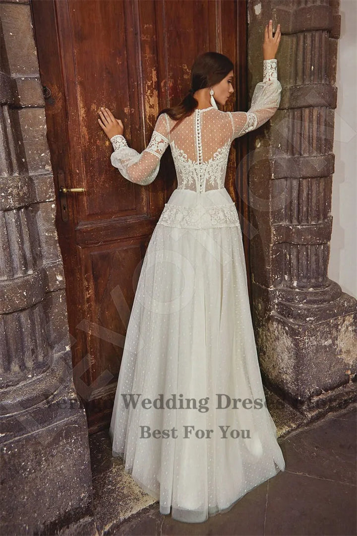 Boho Long Sleeve Puffy Sleeve Dot Tulle Lace Wedding Dresses with Buttons - Divawearfashion