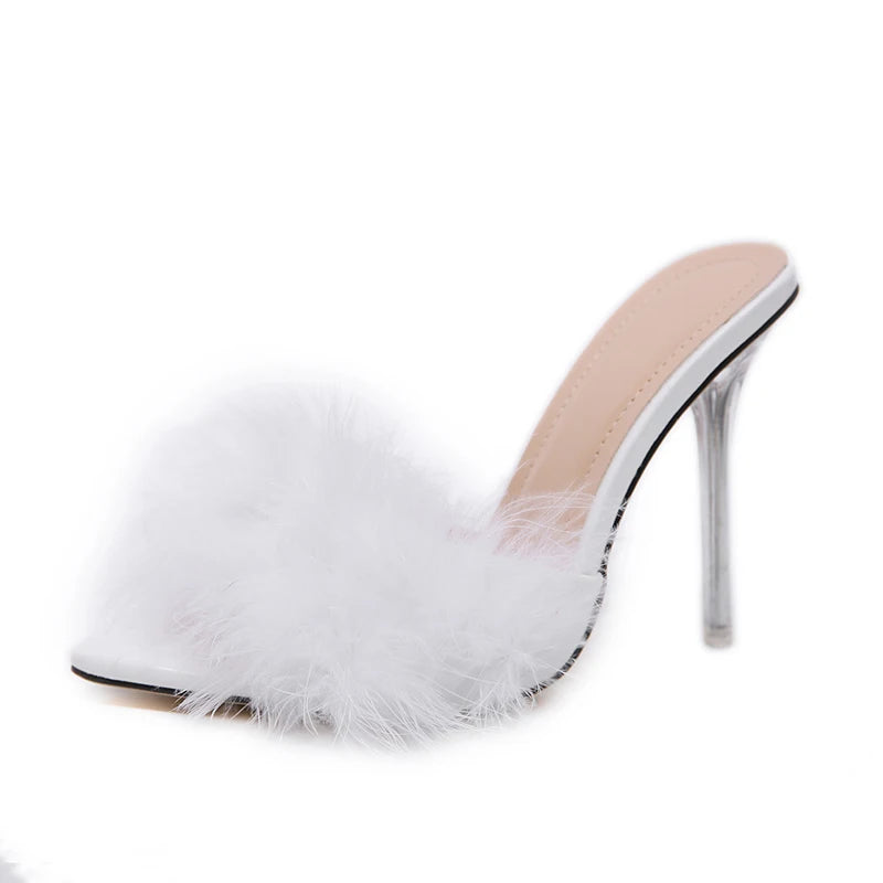 Feather Peep Toe Transparent High Heels Mules - Divawearfashion