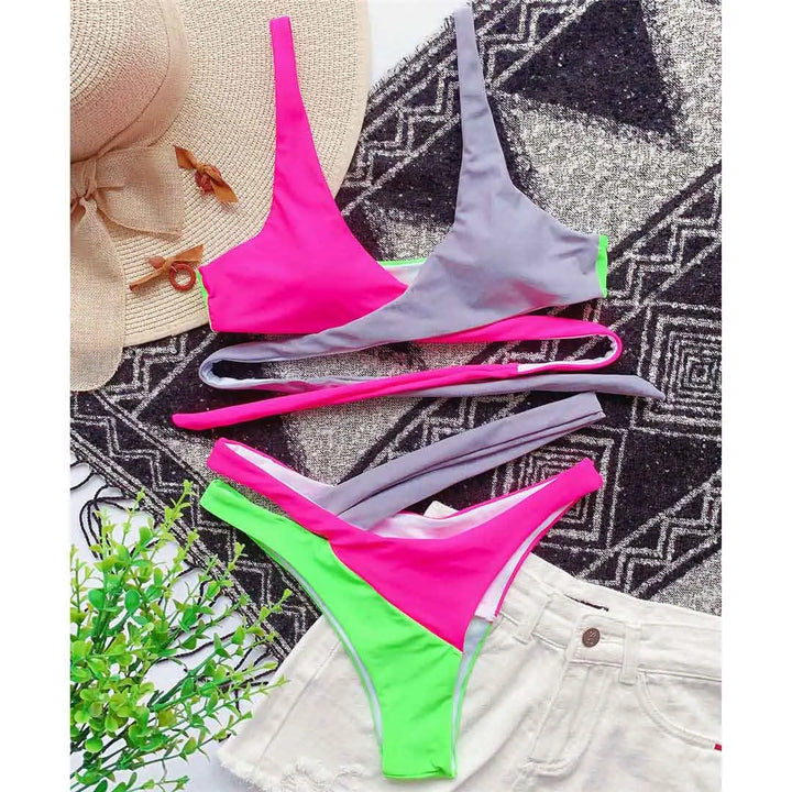 Splicing 2 PC Asymmetric Mid Waist Bathing Suit