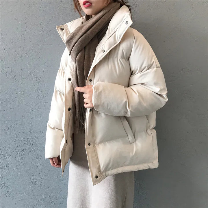 Short Single-Breasted Down Jacket with a Stand Collar - Divawearfashion