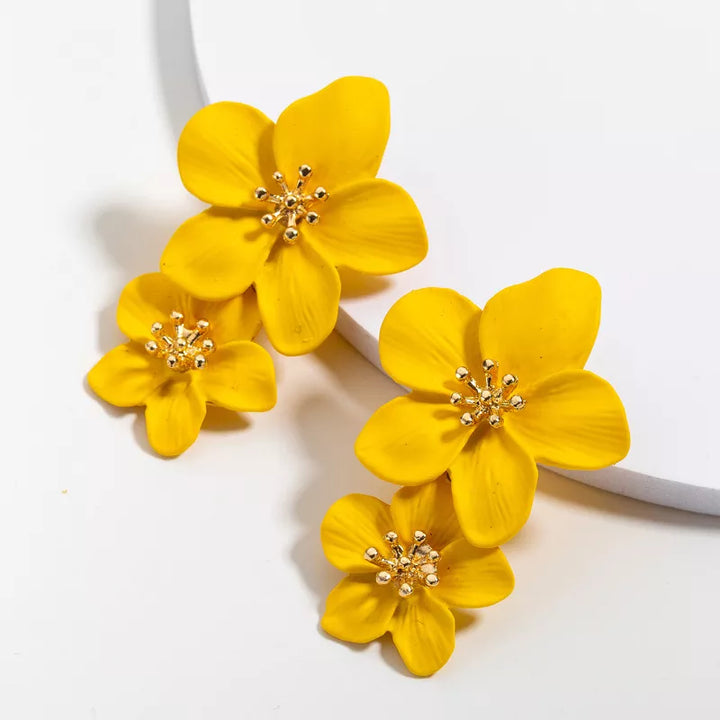 Big Double Flower Drop Earrings - Divawearfashion