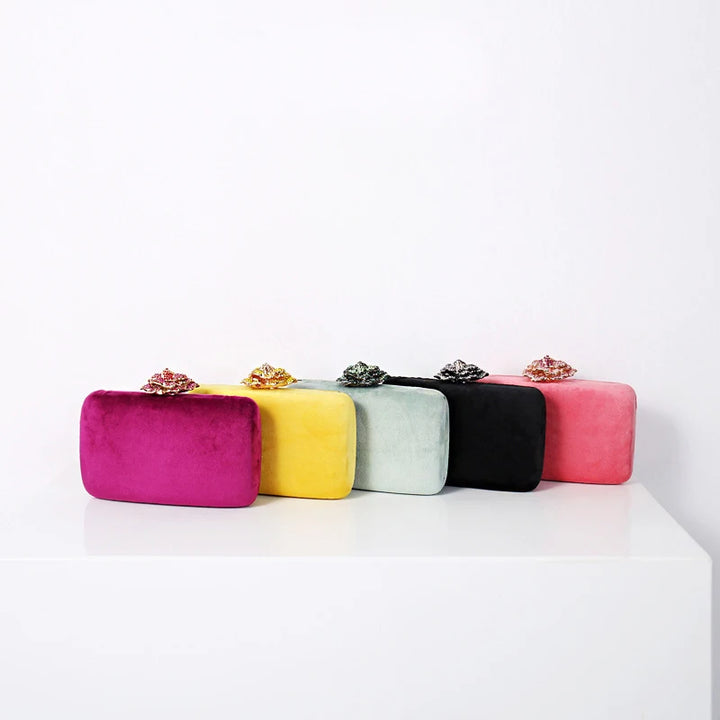 Velvet Clutch with Diamond Flower Lock - Divawearfashion