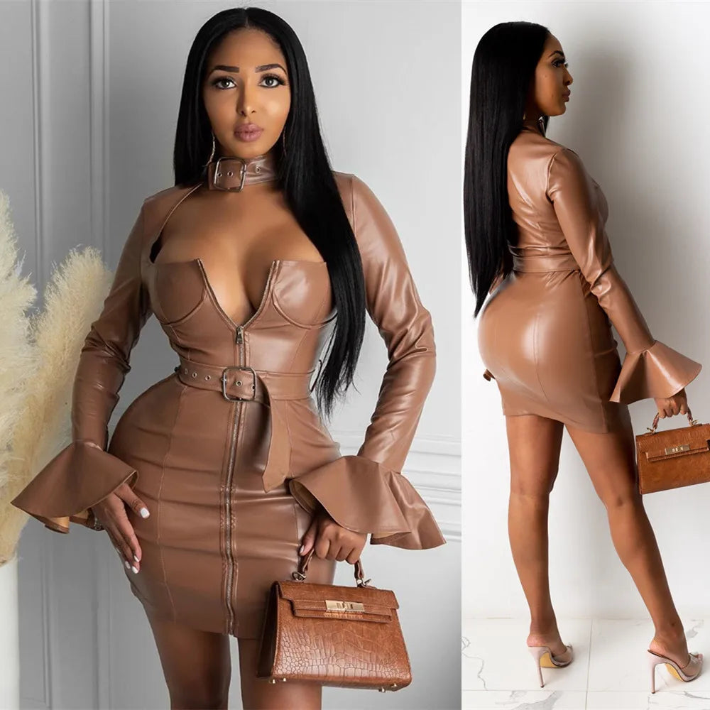 Faux Leather Zipper Bodycon Mini Dress with Belt - Divawearfashion