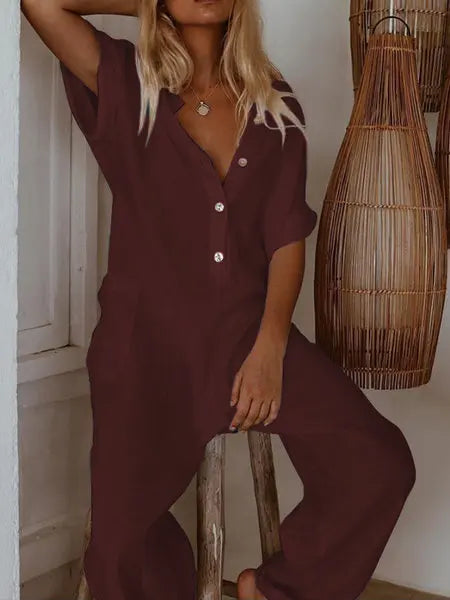 Short Sleeve Pocket Jumpsuits - Divawearfashion