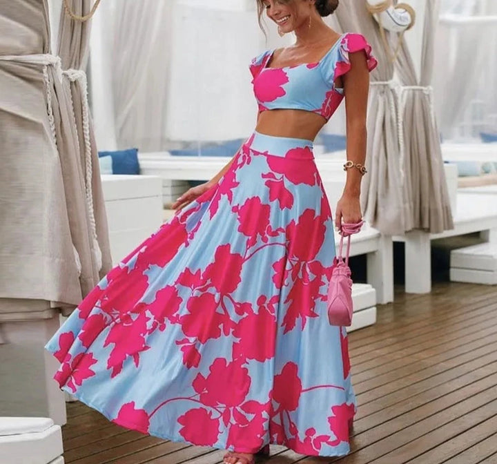 2 PCS Crop Top + High Waist Long Skirt Set - Divawearfashion