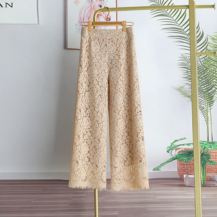 High Waist Slim Straight Ankle-Length Lace Pants