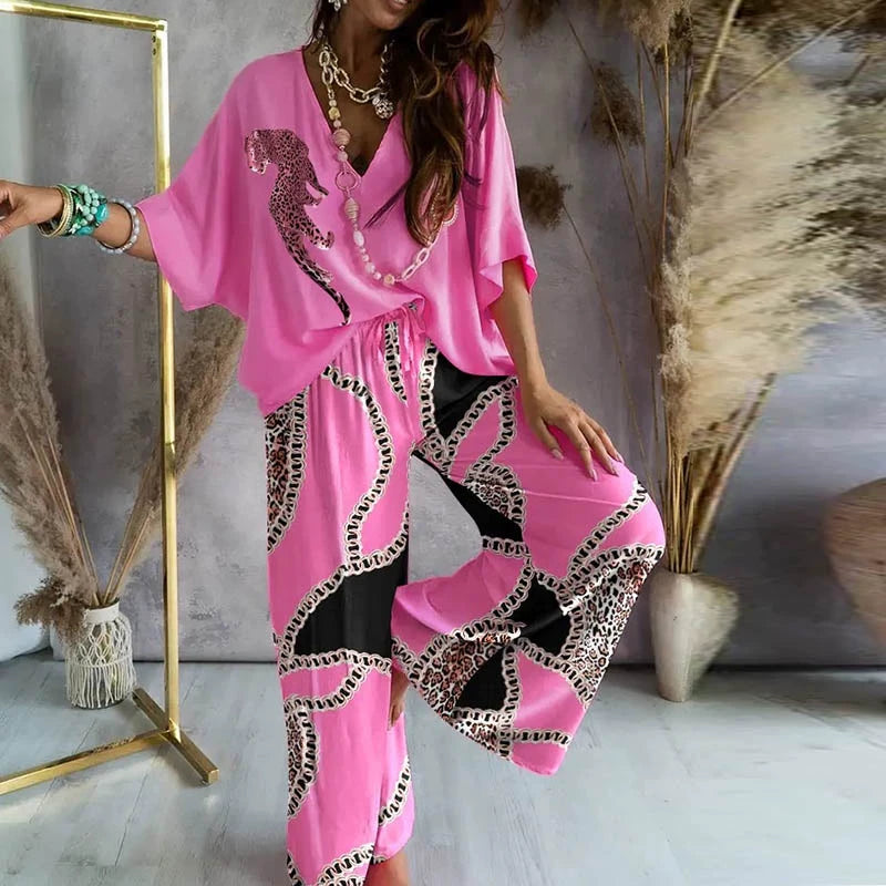 Top Suit Summer Leopard Wide Leg Pants Suit