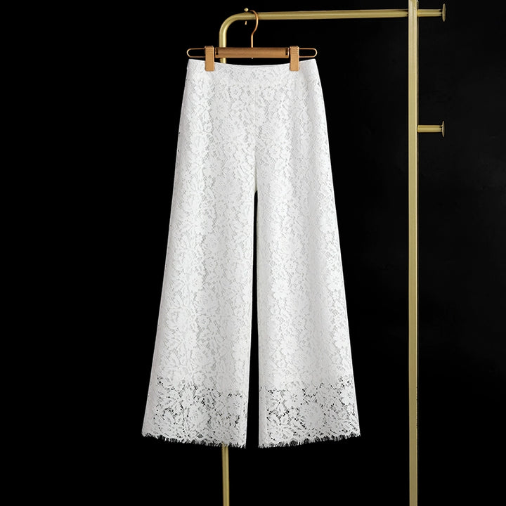 High Waist Slim Straight Ankle-Length Lace Pants