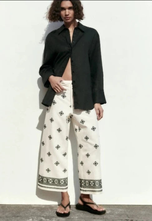 Versatile Contrast Color Embroidered Linen High-Waisted Trousers 