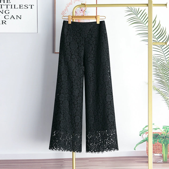 High Waist Slim Straight Ankle-Length Lace Pants