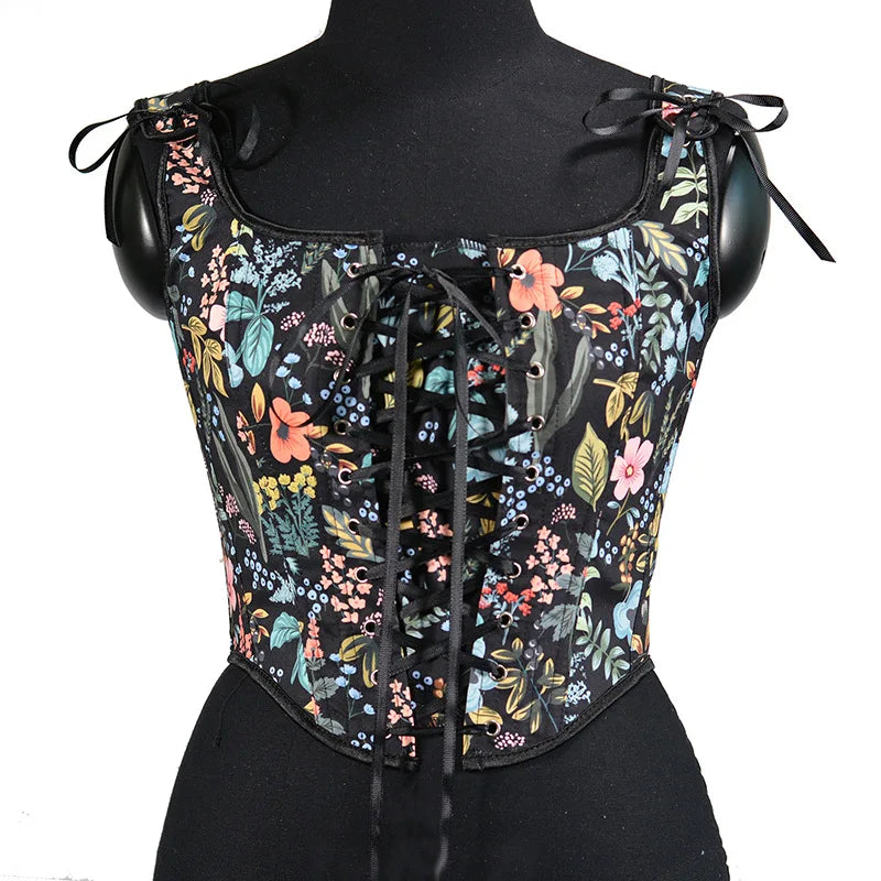 Floral Print Vintage Corset Lace Up Bustier Corset - Divawearfashion