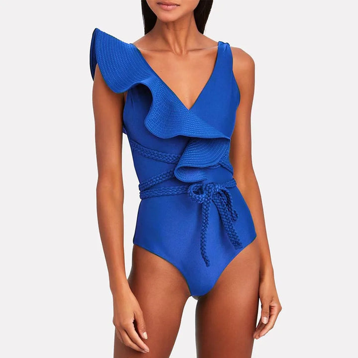 One Piece V Neck Ruffled Bathing Suit  - Divawearfashion