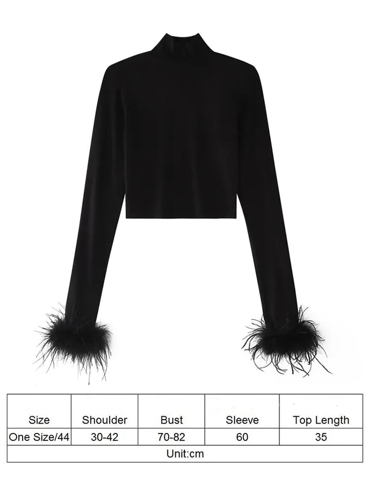 Turtleneck Skinny Long Sleeve Ostrich Feather Crop Top - Divawearfashion
