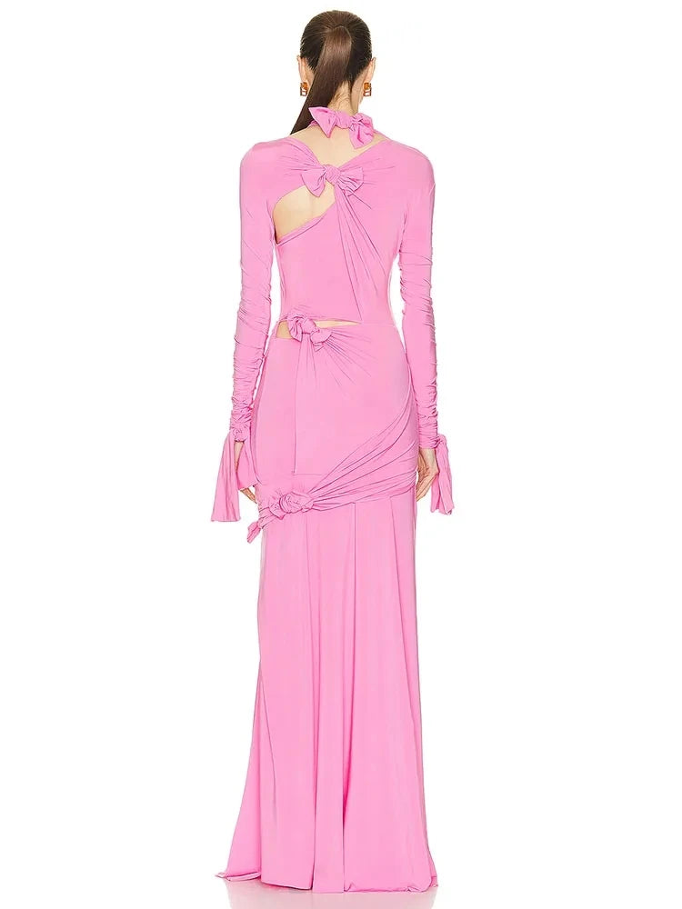 Bow Cutout Long Sleeve Side Slit Pink Maxi Dress