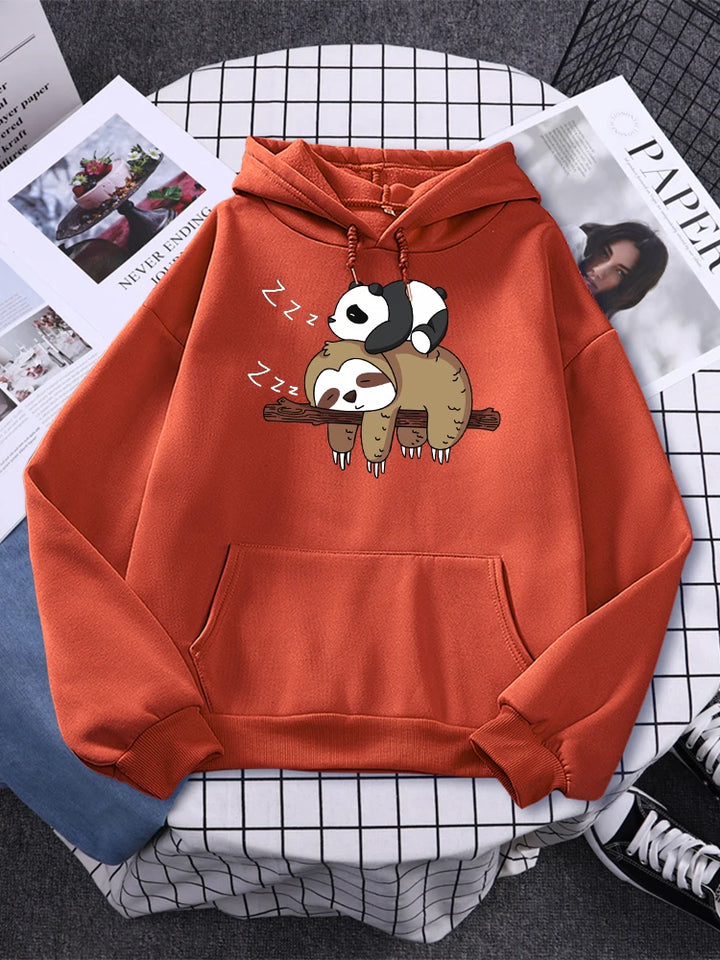 Panda Lying On A Sloth Prints Women Sweatshirt Autumn Fleece Warm Hooded Casual Fashion Hoodies All-Match Unisex Sportswear - Divawearfashion