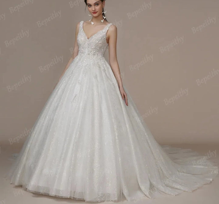V Neck Sleeveless Wedding Dress with Court Train Beading - Divawearfashion