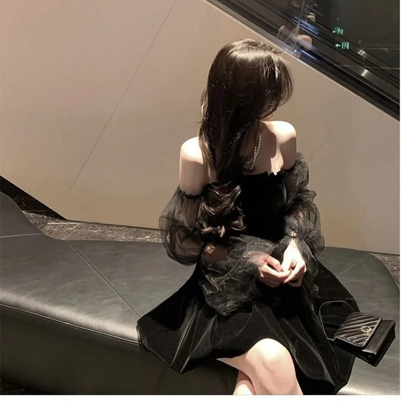 Black Retro Lace Chiffon Mini Dress - Divawearfashion