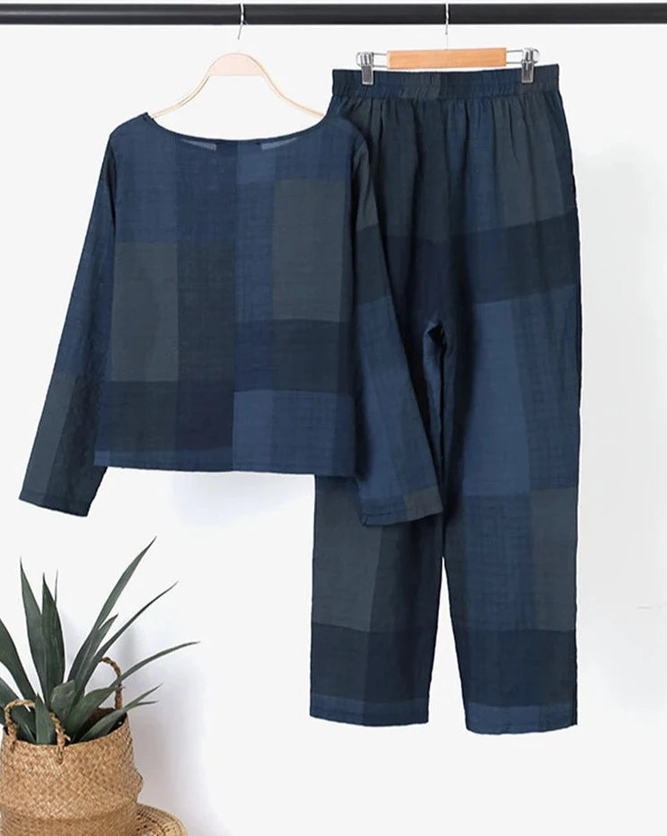Long Sleeve Plaid Checked Blouse Casual Trousers 2PCS Matching Sets - Divawearfashion