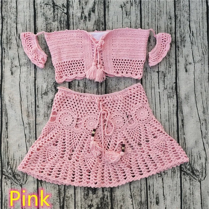 2 PC Crochet Tassel Top + Mini Skirt - Divawearfashion