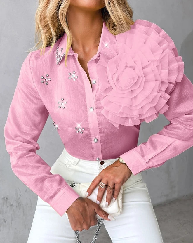 Rose Detailed Rhinestone Shirt