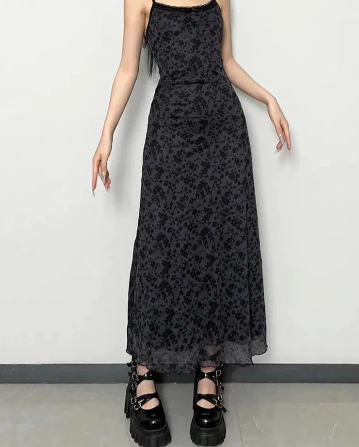 Long Grunge Streetwear Spaghetti Strap Maxi Retro Dress - Divawearfashion