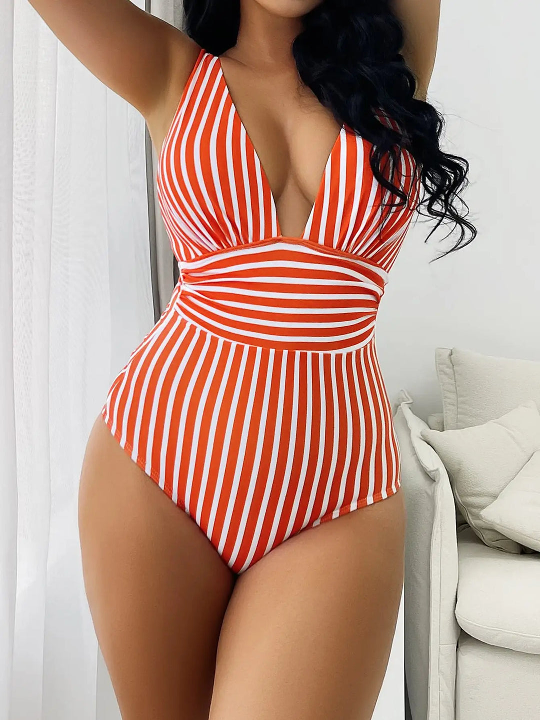 Striped 1 PC V Neck Swimsuit