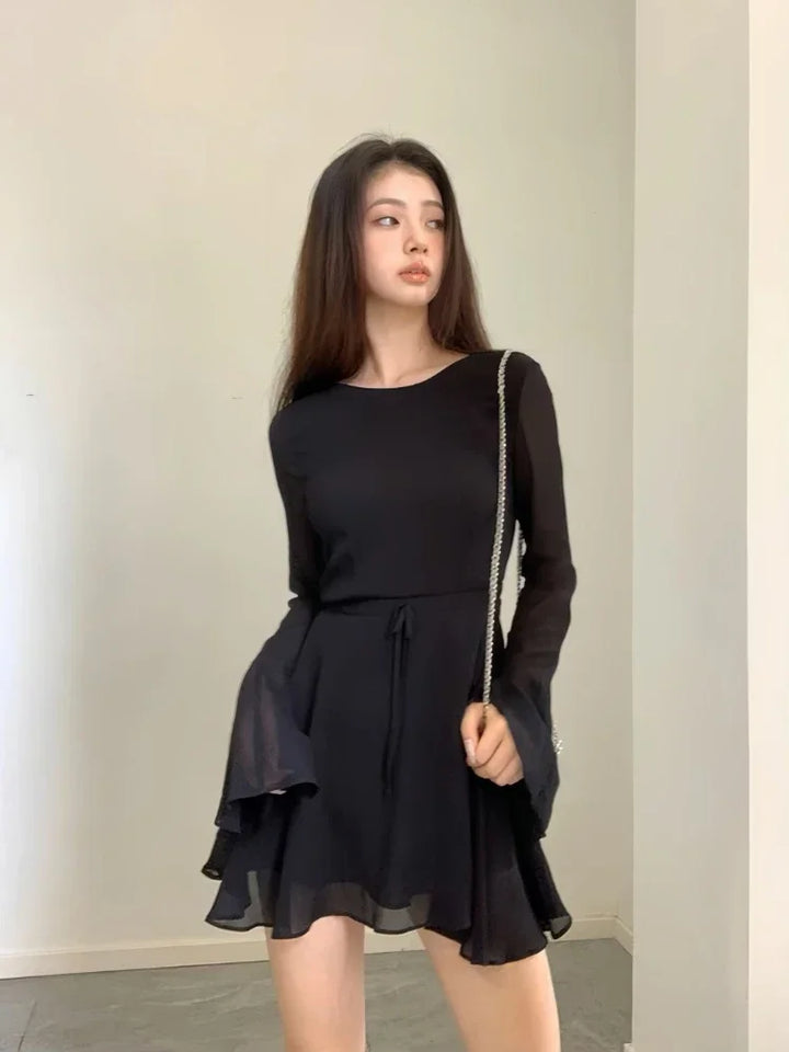 Backless Black Hollow Out Lace-up Long Sleeve Mesh Ruffle Mini Dress - Divawearfashion