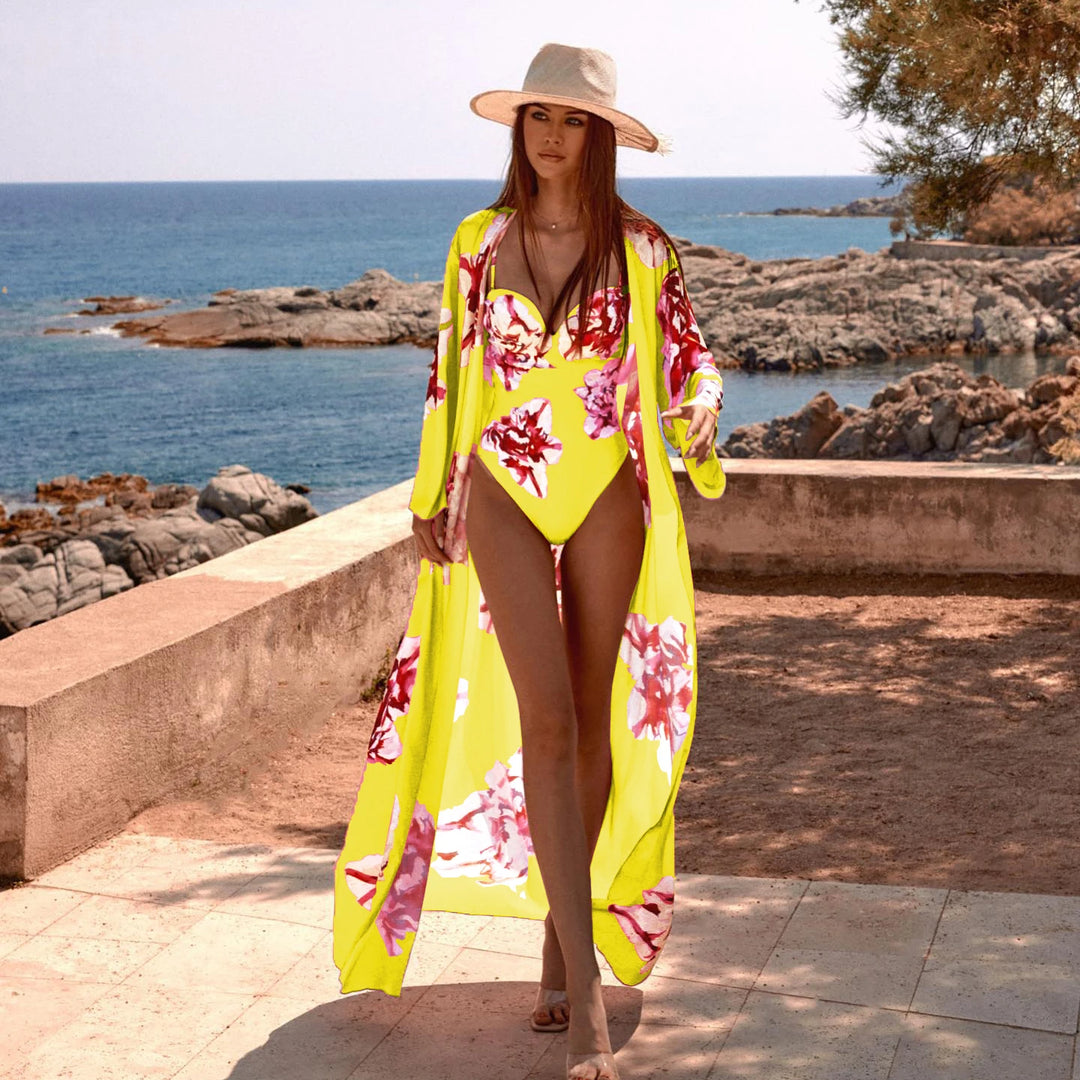 Floral Print One Piece Swimsuit with Cover Up  - Divawearfashion