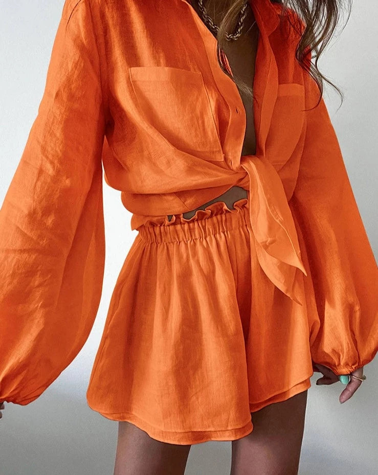 Linen Shorts & Lantern Sleeve Shirts 2 Pieces Sets - Divawearfashion