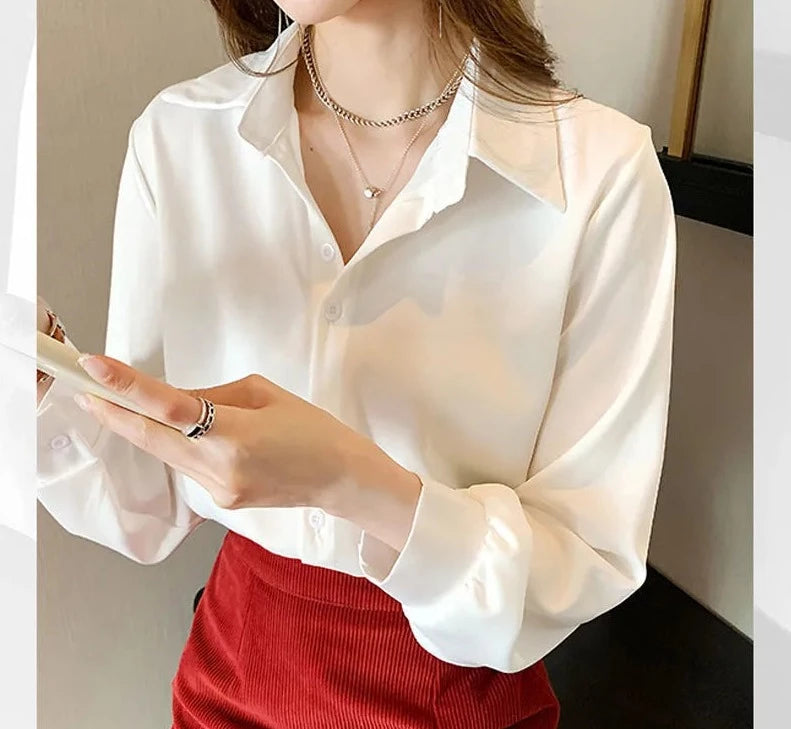 Long Sleeve Button Up Loose Solid Blouse - Divawearfashion