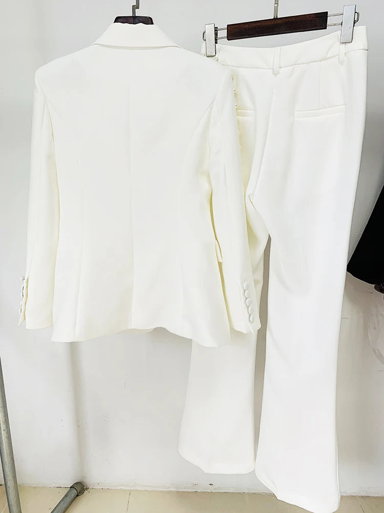 Pearl Decoration Single Button Blazer Pants Suit - Divawearfashion