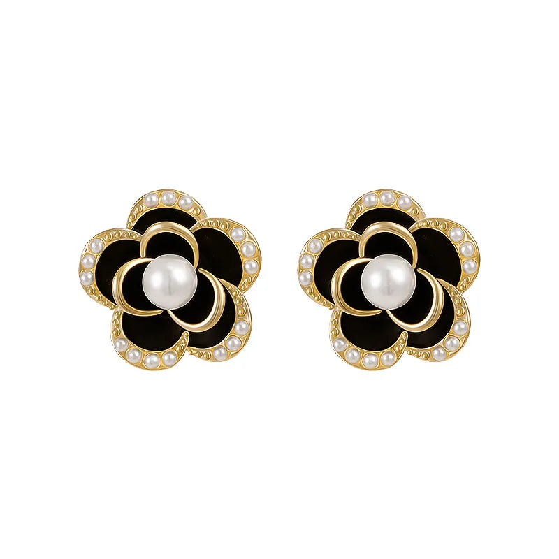 Camellia Flower Stud Pearl Earrings - Divawearfashion
