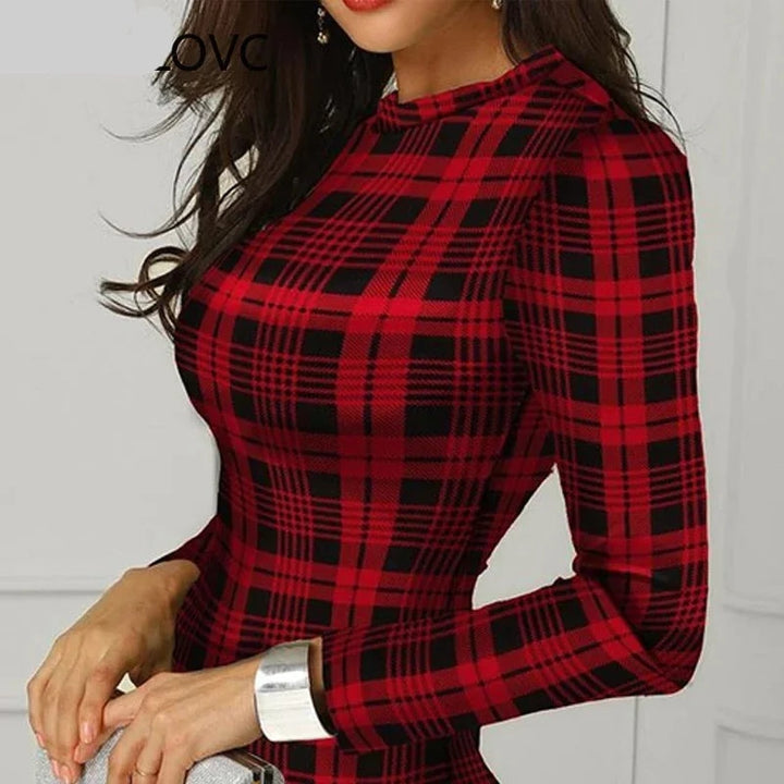 Women Plaid Long Sleeve Bodycon Dress - Divawearfashion