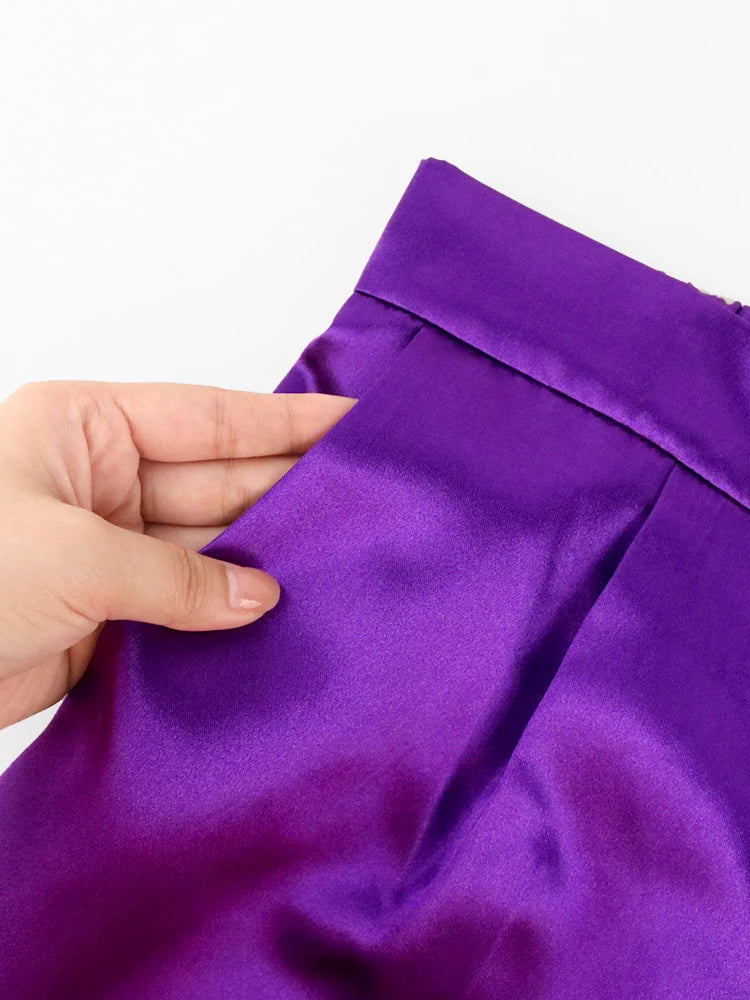 High Elastic Waist Purple Casual Capris with Pockets - Divawearfashion