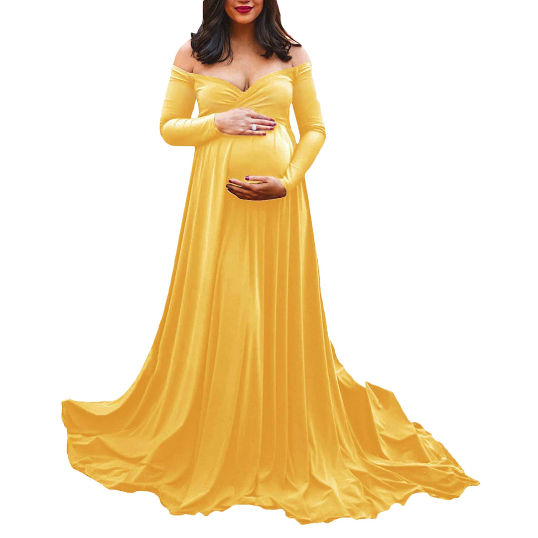 Maternity Off Shoulder Long Sleeve Long Dresses - Divawearfashion