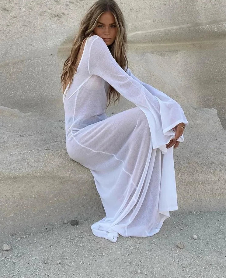 Maxi Long Sleeve Backless See Through Mesh Beach Wear Dress - Divawearfashion