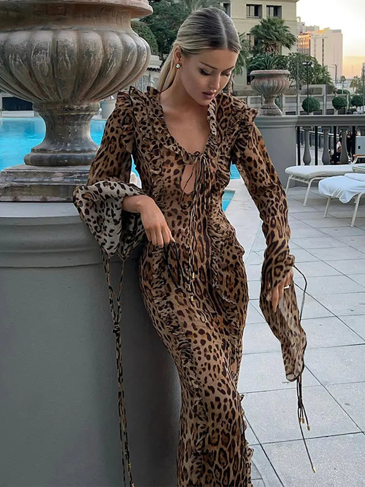 Leopard Print Maxi Backless Long Dress 