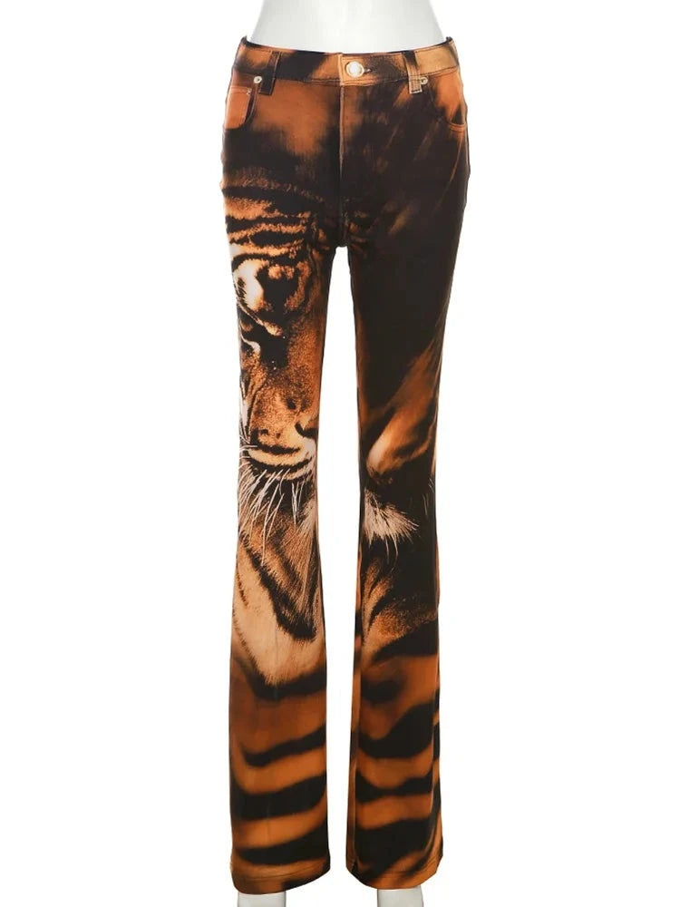 Tiger Print Flare High Waist Pants - Divawearfashion