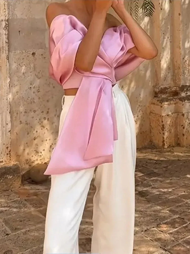 Pleated Satin Pink Bow Off Shoulder Tank Top - Divawearfashion