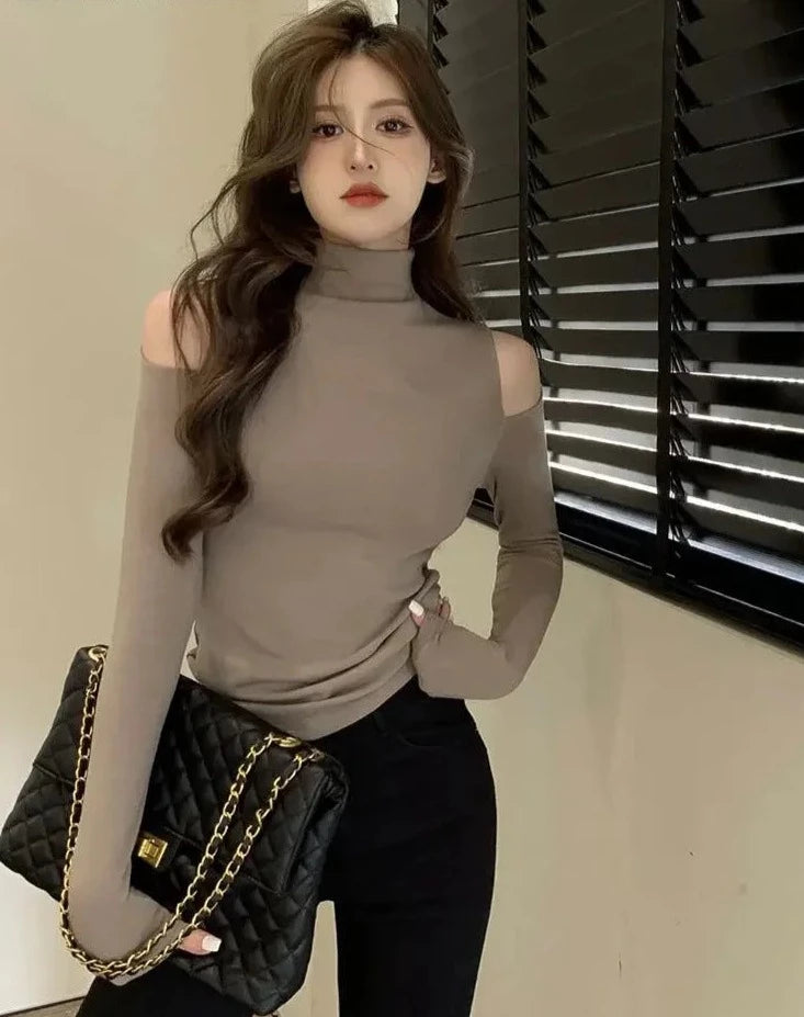 Turtleneck Off Shoulder Hollow-Out Long Sleeve T-Shirt - Divawearfashion