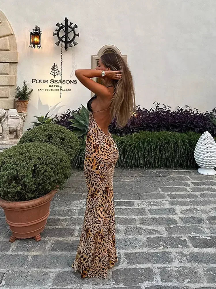 Leopard Print Maxi Backless Long Dress 