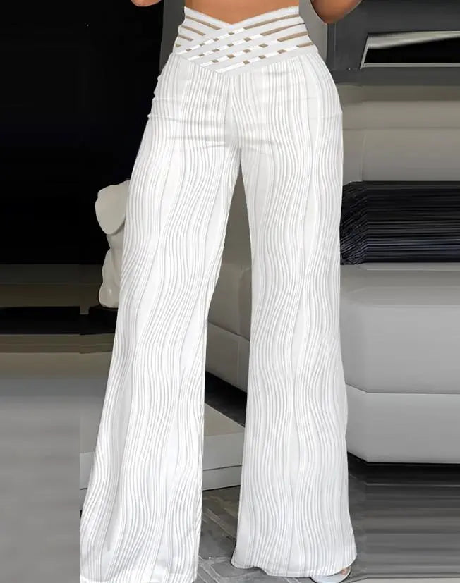 High Waist Flared Criss Cross Sheer Mesh Pants - Divawearfashion