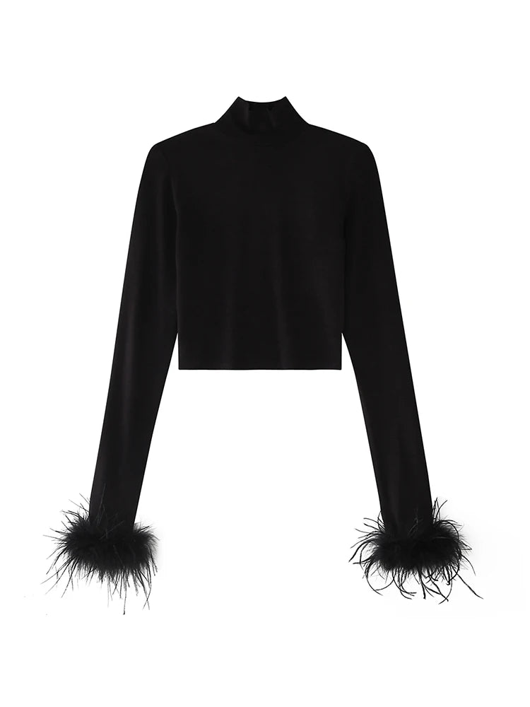 Turtleneck Skinny Long Sleeve Ostrich Feather Crop Top - Divawearfashion